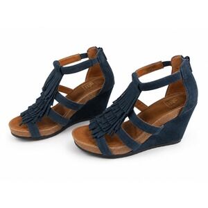 Mark Jenkins Vintage Cheyenne Blue Suede Fringe Wedge Heels Women's Size 7